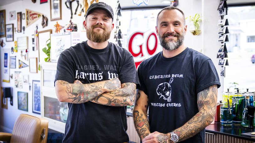 Good Times barber shop is now open at 10 Millville Avenue at corner of Millville and Main Street in Hamilton. Cody Best, left, and Donny Delph offer full barber services including hair cuts and straight razor shaves. NICK GRAHAM/STAFF