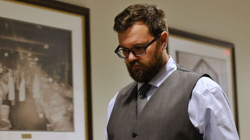 John Carter, accused in the 2011 death of his fiancee Katelyn Markham, enters Butler County Common Pleas Court on Friday, June 7, 2024. NICK GRAHAM/STAFF