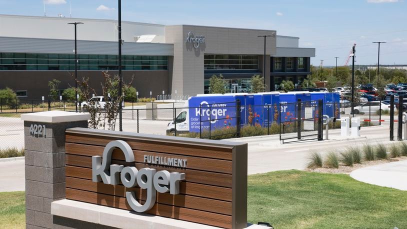 FILE - The exterior of Kroger's fulfillment center is shown on July 27, 2022 in Dallas, Tex. (Rebecca Slezak/The Dallas Morning News via AP, File)