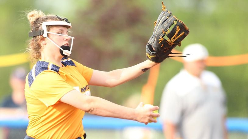 Monroe’s Alyssa Wagner pitches against Springfield Kenton Ridge in a Division II district softball final on May 20, 2018, at Brookville. Kenton Ridge won 6-2. DAVID JABLONSKI/STAFF