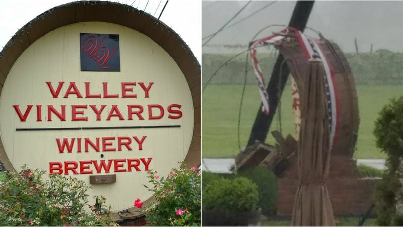 An iconic Valley Vineyards sign was damaged by a pole knocked over in a storm passing through the area on Friday, June 8, 2018. Left: Mark Fisher / staff. Right: Contributed