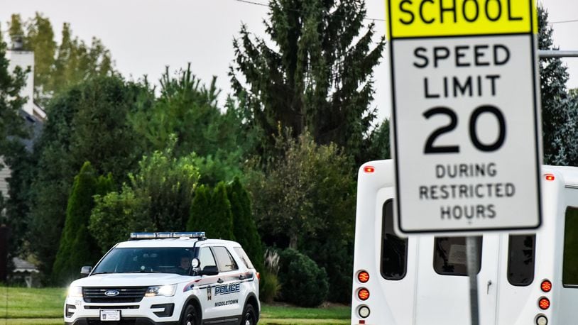 Middletown police and Ohio State Highway Patrol have teamed up to crackdown on speeding in school zones around Middletown. On Friday morning, Sept. 21 Middletown Police officer Kim Robinson was out checking speeds on Breiel Boulevard in front of the high school and middle school. NICK GRAHAM/STAFF