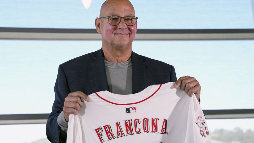 Cincinnati Reds manager Terry Francona poses for a photo during an introductory baseball press conference Monday, Oct. 7, 2024, in Cincinnati. (AP Photo/Jeff Dean)