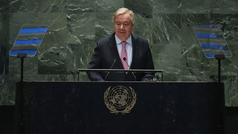 António Guterres, United Nations Secretary-General, speaks to the United Nations General Assembly during the Summit for the Future, Sunday, Sept. 22, 2024 at U.N. headquarters. (AP Photo/Frank Franklin II)