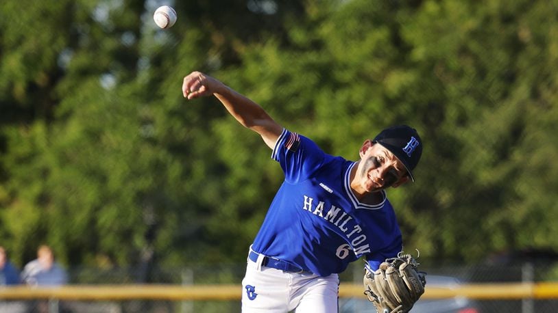 Braydon Caudill pitches during Hamilton West Side's 13-2 win over New Albany to advance in the Little League state tournament Saturday, July 20, 2024 at West Side Little League field in Hamilton. NICK GRAHAM/STAFF