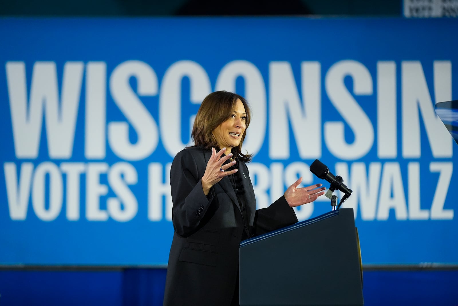 Democratic presidential nominee Vice President Kamala Harris speaks at a campaign rally at Little Chute High School, Friday, Nov. 1, 2024, in Little Chute, Wis. (AP Photo/Alex Brandon)