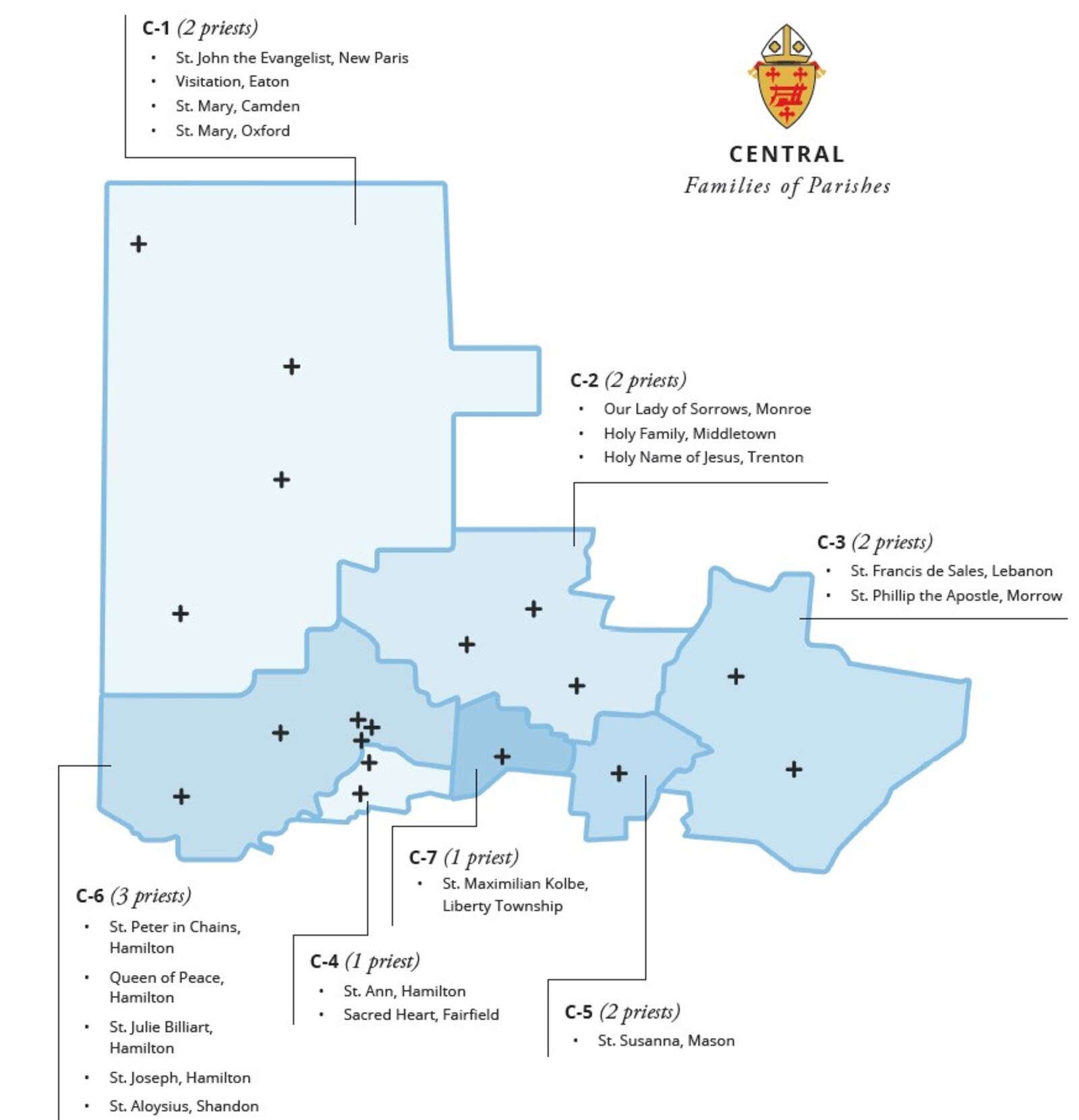 This is the final map of the "Families of Parishes" plan for the Cincinnati Archdiocese's Beacons of Light initiative. The number of priests per "Family of Parishes" is projected and subject to change. ARCHDIOCESE OF CINCINNATI/PROVIDED