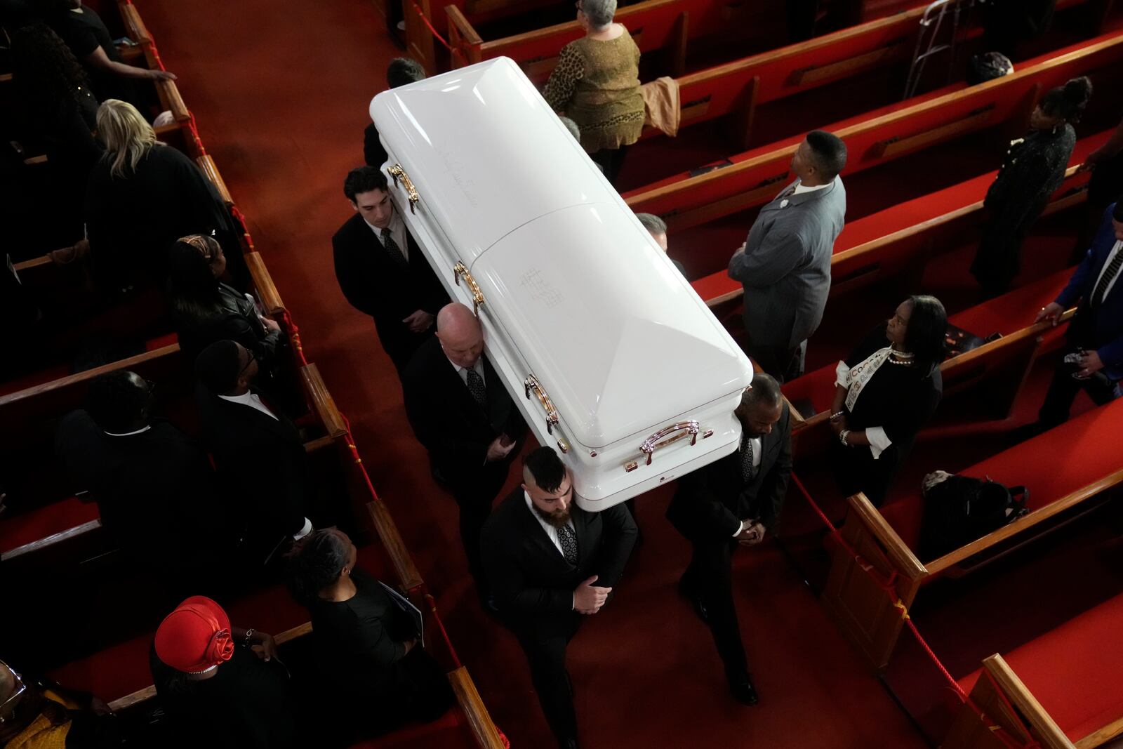 Pallbearers carry Cissy Houston's casket following a ceremony in celebration of her life on Thursday, Oct. 17, 2024, at the New Hope Baptist Church in Newark, N.J. (Photo by Charles Sykes/Invision/AP)