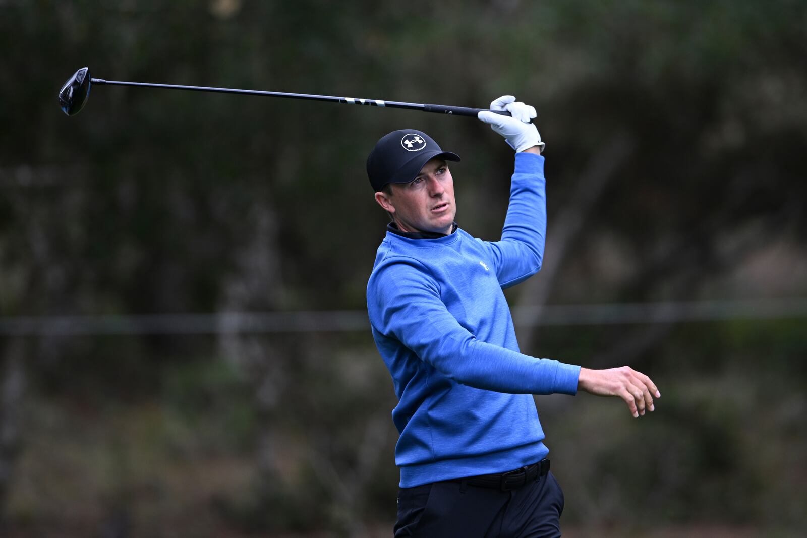 Jordan Spieth tees off on the 16th hole at Spyglass Hill Golf Course during the first round of the AT&T Pebble Beach Pro-Am golf tournament, Thursday, Jan. 30, 2025, in Pebble Beach, Calif. (AP Photo/Nic Coury)