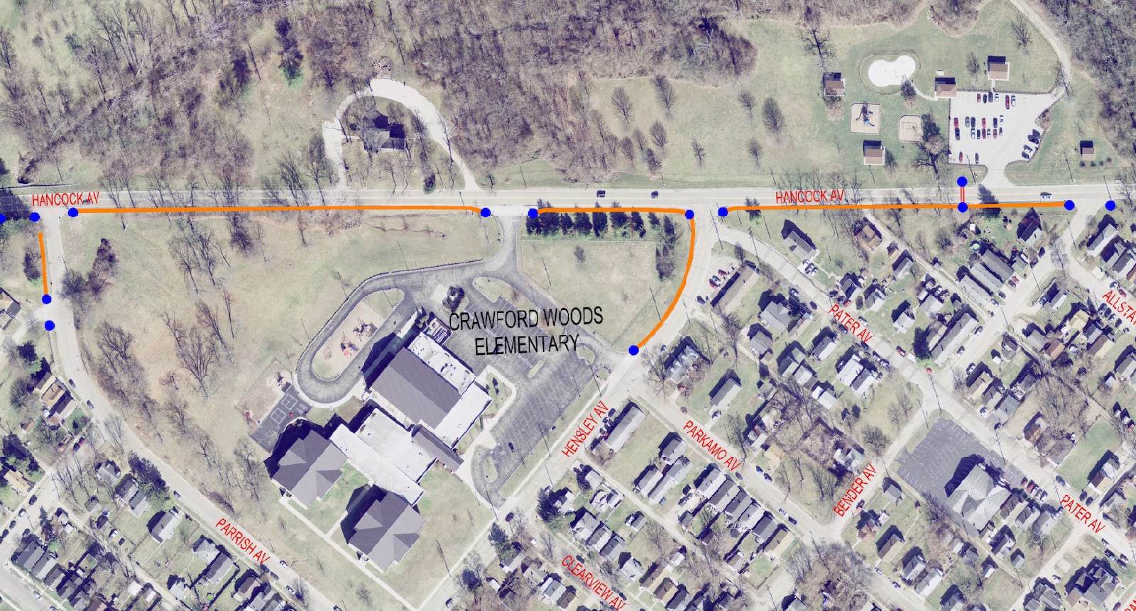 Pictured is the draft plan for the Safe Routes to Schools grant program for Crawford Woods Elementary in Hamilton. The city is seeking this grant to construct sidewalks for the school that has close to 40% of its students walking to school. PROVIDED