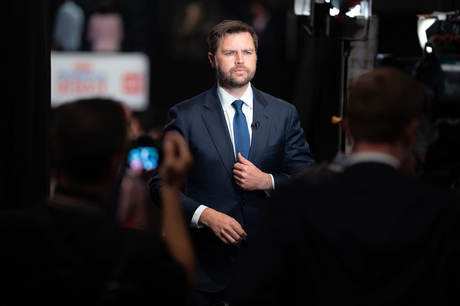 Sen. J.D. Vance (R-Ohio) in the spin room after the debate between President Joe Biden and former President Donald Trump in Atlanta on June 27, 2024. (Ruth Fremson/The New York Times)