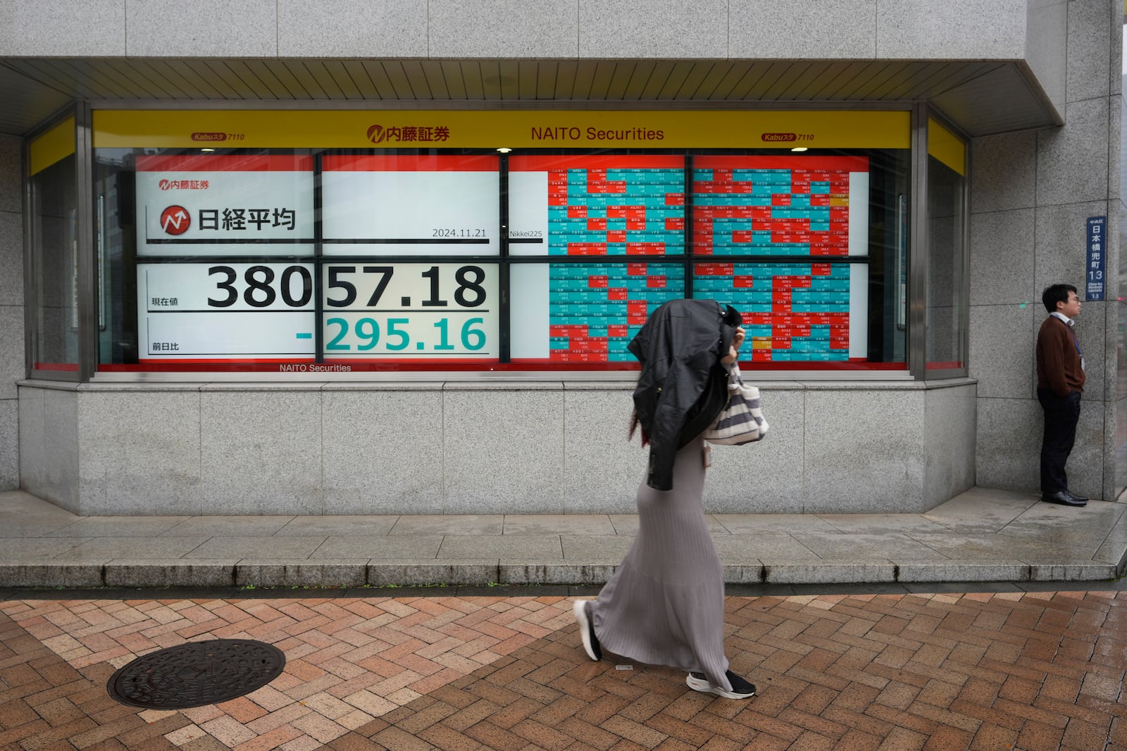 A woman covering herself from the rain walks by monitors showing Japan's Nikkei 225 index at a securities firm in Tokyo, Thursday, Nov. 21, 2024. (AP Photo/Hiro Komae)