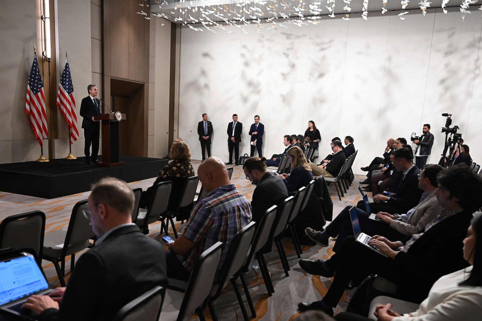 US Secretary of State Antony Blinken delivers a statement to the press after the meeting with the foreign ministers of the Arab Contact Group on Syria in Jordan's southern Red Sea coastal city of Aqaba, Saturday Dec. 14, 2024. (Andrew Caballero-Reynolds/Pool via AP)