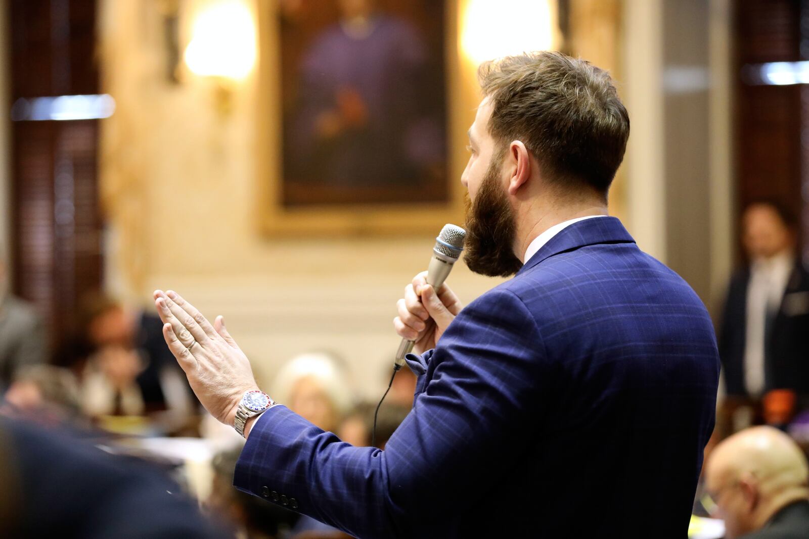 South Carolina Rep. Gil Gatch, R-Summerville, speaks during the House budget debate on Tuesday, March 11, 2025, in Columbia, S.C. (AP Photo/Jeffrey Collins)