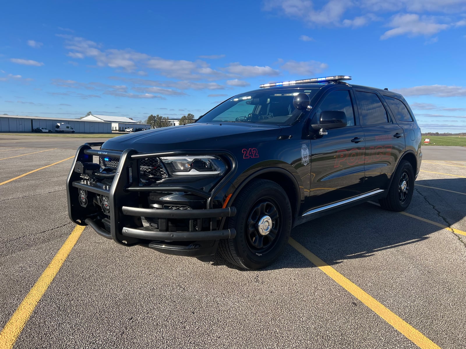 A Franklin police cruiser outfitted with StarChase. The program uses a vehicle-mounted launcher that can fire GPS tags on the back of vehicles attempting to flee police. Photo courtesy Franklin Police Department.