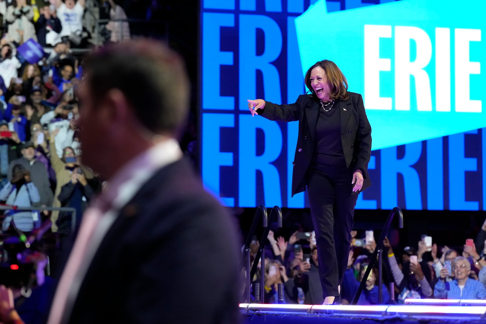 Democratic presidential nominee Vice President Kamala Harris arrives to speak during a campaign rally at Erie Insurance Arena, in Erie, Pa., Monday, Oct. 14, 2024. (AP Photo/Jacquelyn Martin)