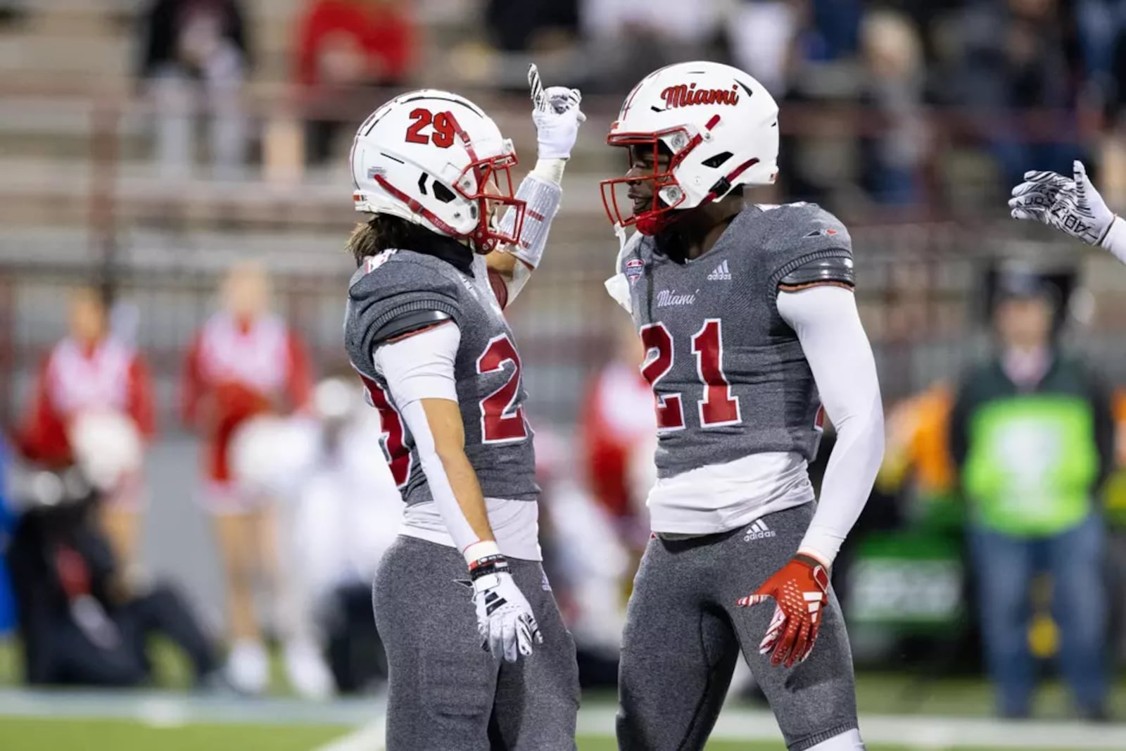 Miami’s Silas Walters (29) celebrates with Toney Coleman Jr. (23) against Kent State last Wednesday at Yager Stadium. Miami Athletics photo