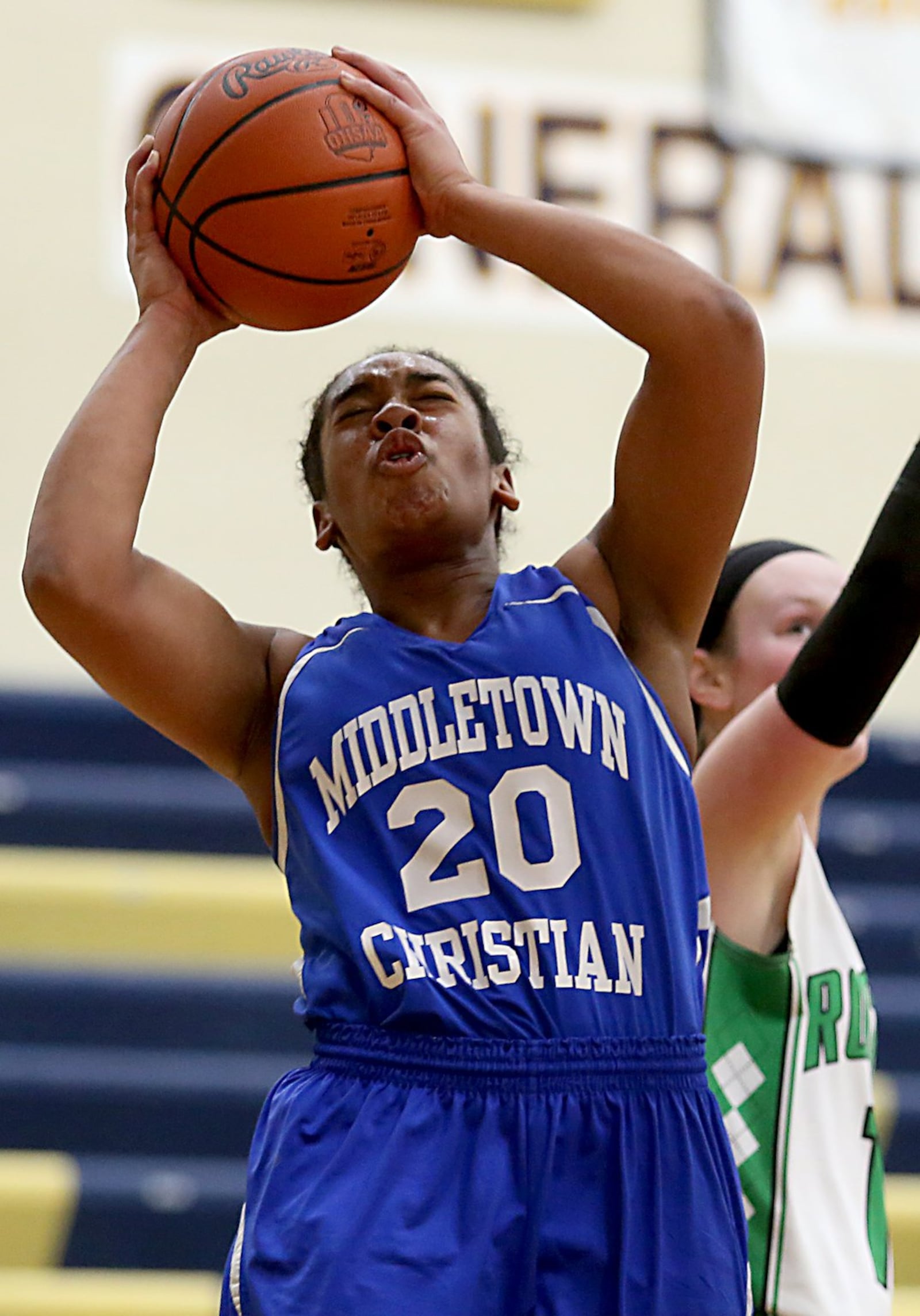 Middletown Christian’s Aubriana Bellard shows some determination with the ball during Tuesday night’s Division IV sectional game against Fayetteville at Monroe. CONTRIBUTED PHOTO BY E.L. HUBBARD