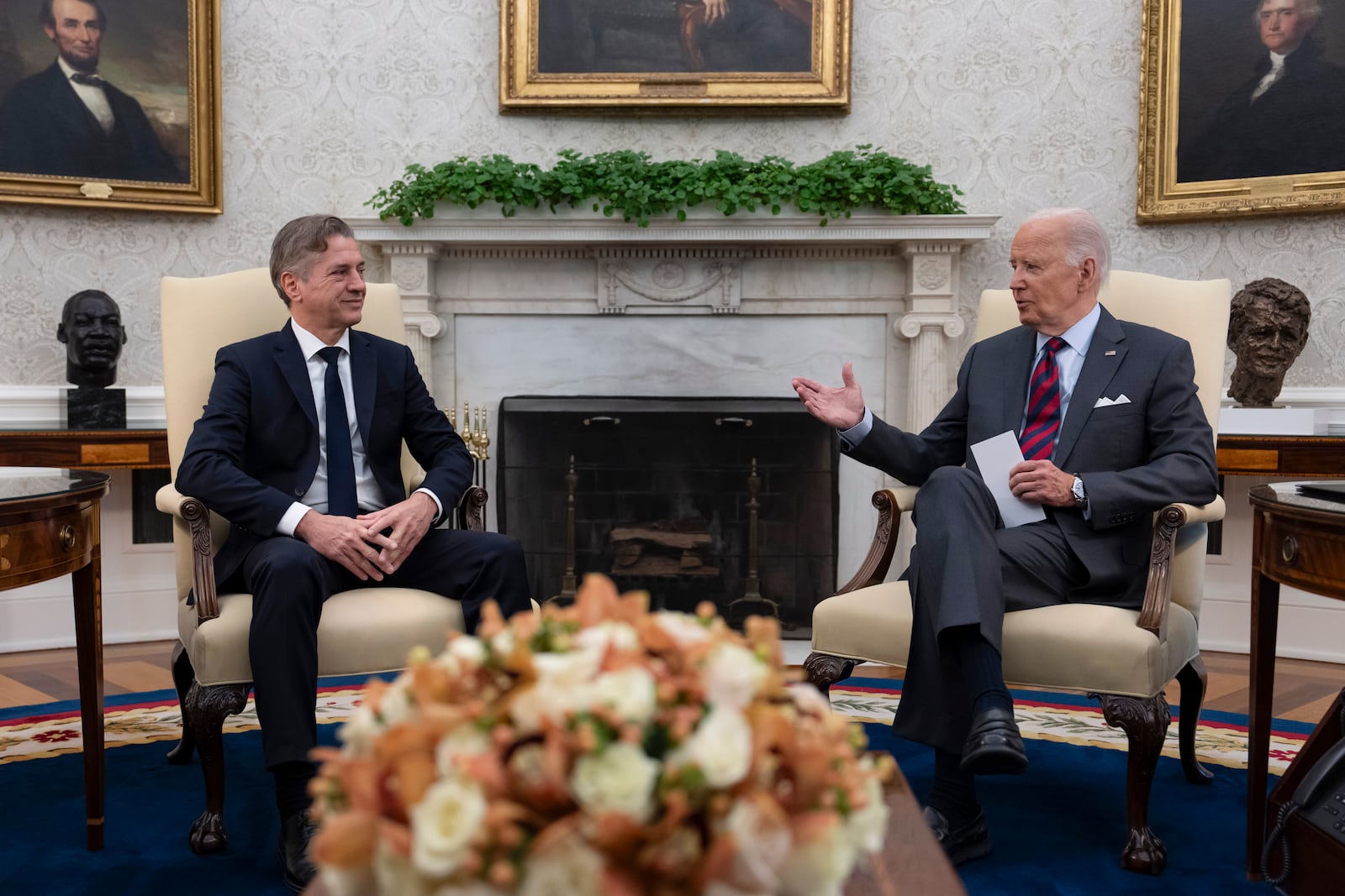 President Joe Biden meets with Slovenia's Prime Minister Robert Golob, left, in the Oval Office of the White House in Washington, Tuesday, Oct. 22, 2024. (AP Photo/Ben Curtis)