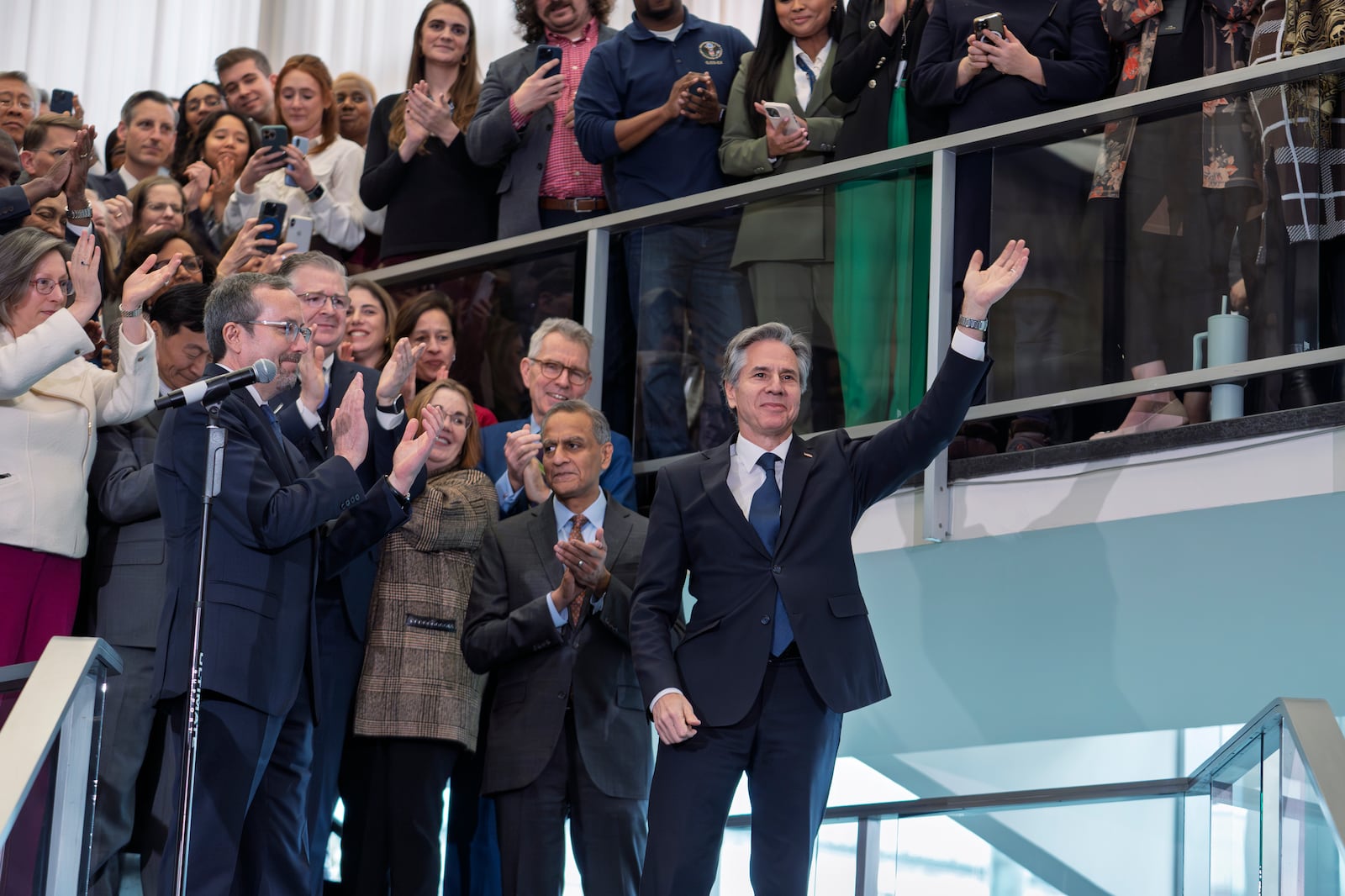 Secretary of State Antony Blinken bids farewell to diplomats and staff at the State Department in Washington, Friday, Jan. 17, 2025. (AP Photo/J. Scott Applewhite)