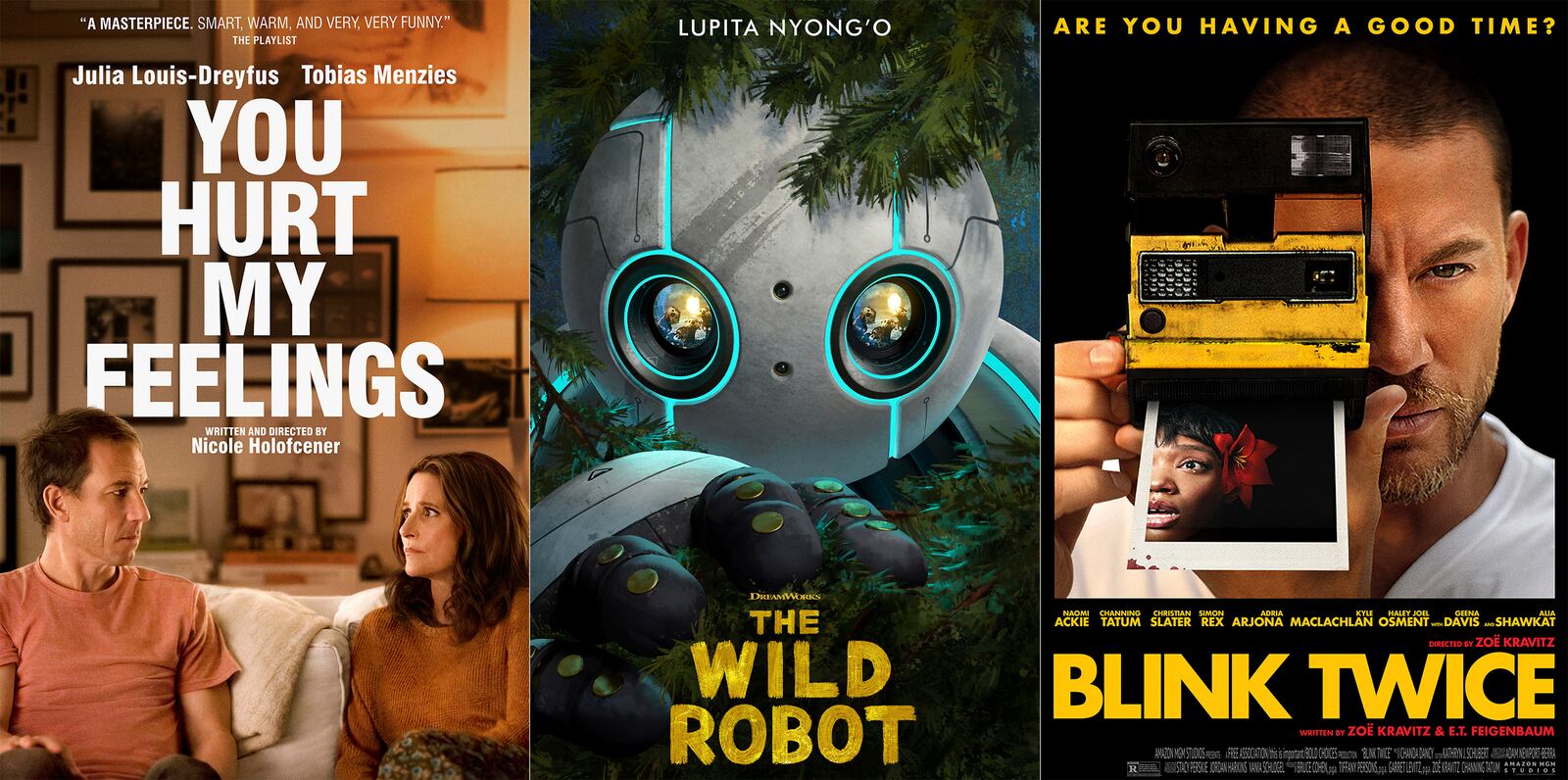 This combination of images shows promotional art for the films "You Hurt My Feelings," from left, "The Wild Robot," and "Blink Twice. (A24/DreamWorks/Amazon-MGM via AP)