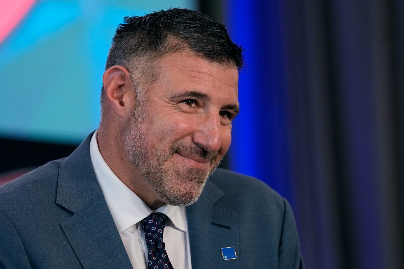 New England Patriots head coach Mike Vrabel smiles during an availability, Monday, Jan. 13, 2025, in Foxborough, Mass.. (AP Photo/Charles Krupa)