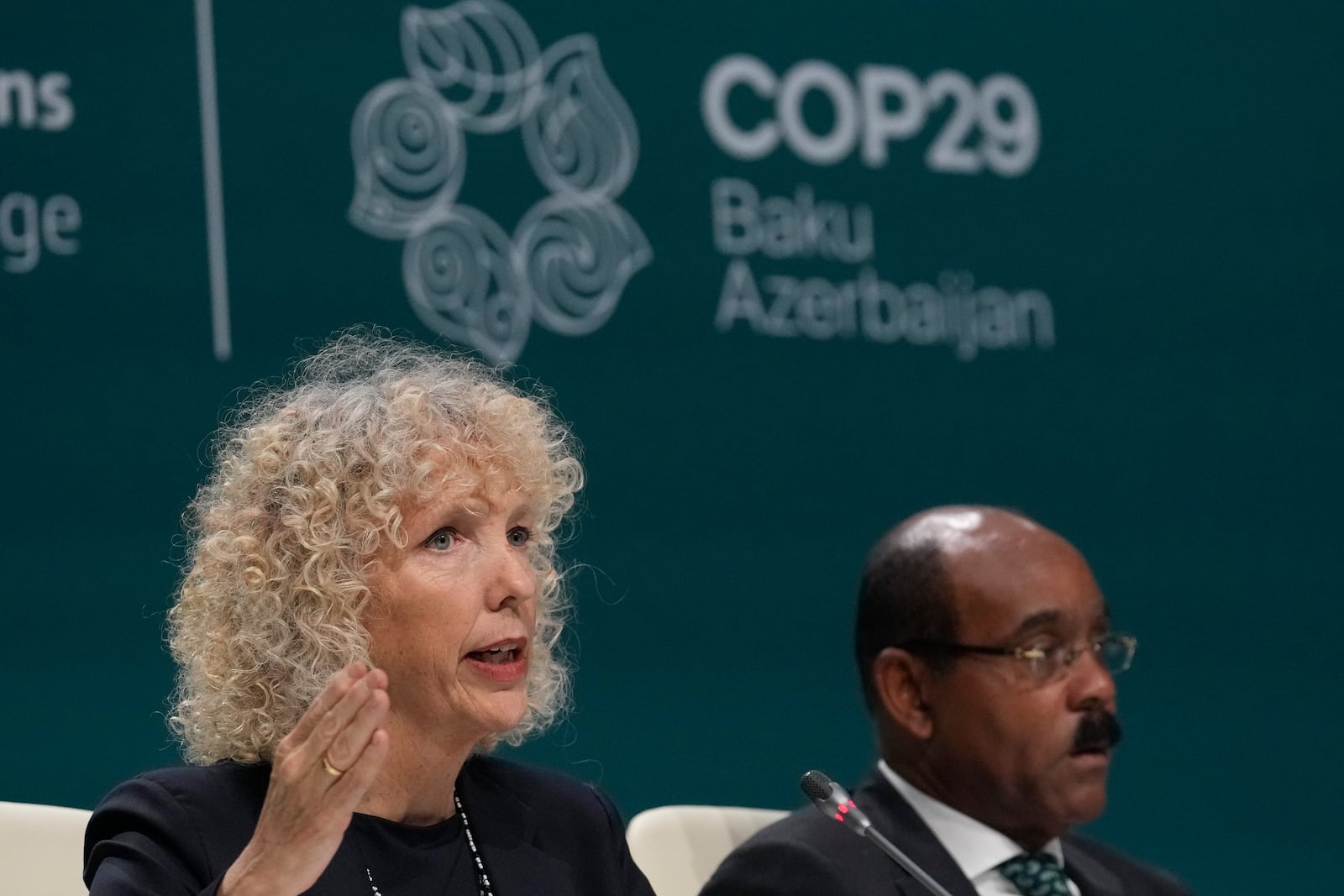 Jennifer Morgan, Germany climate envoy, attends a session on the Marshall Islands at the COP29 U.N. Climate Summit, Wednesday, Nov. 13, 2024, in Baku, Azerbaijan. (AP Photo/Rafiq Maqbool)