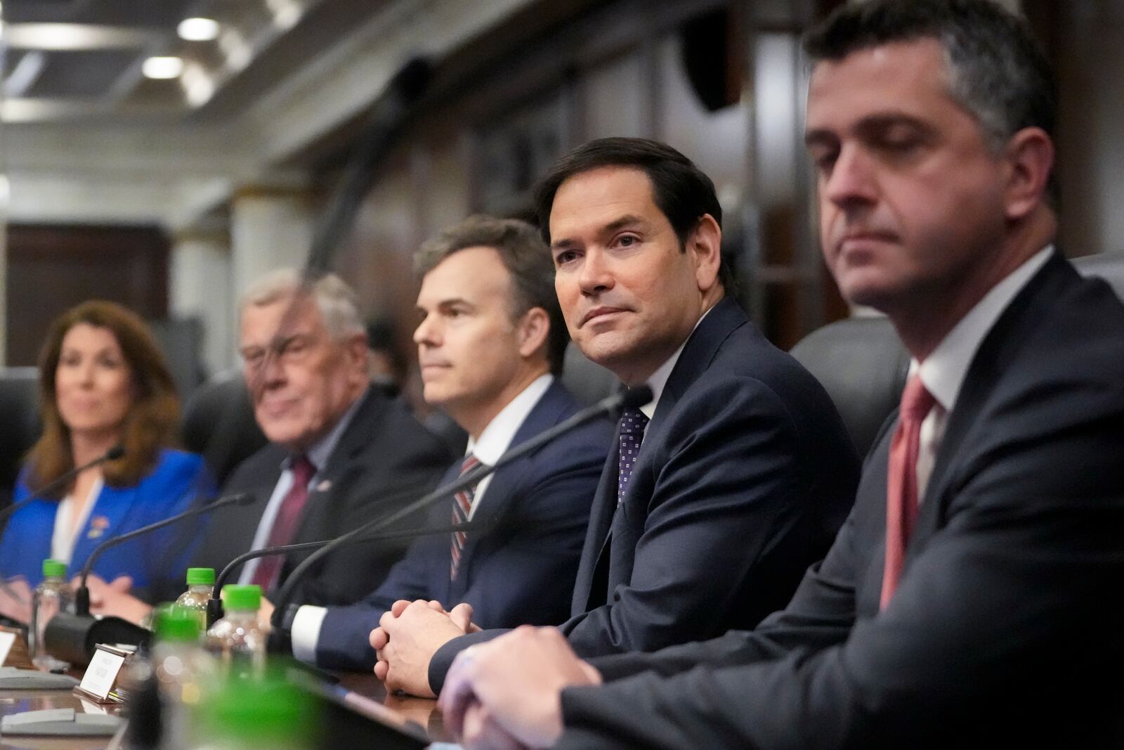 U.S. Secretary of State Marco Rubio, second right, meets with Panamanian President Jose Raul Mulino at the presidential palace in Panama City, Sunday, Feb. 2, 2025. (AP Photo/Mark Schiefelbein, Pool)