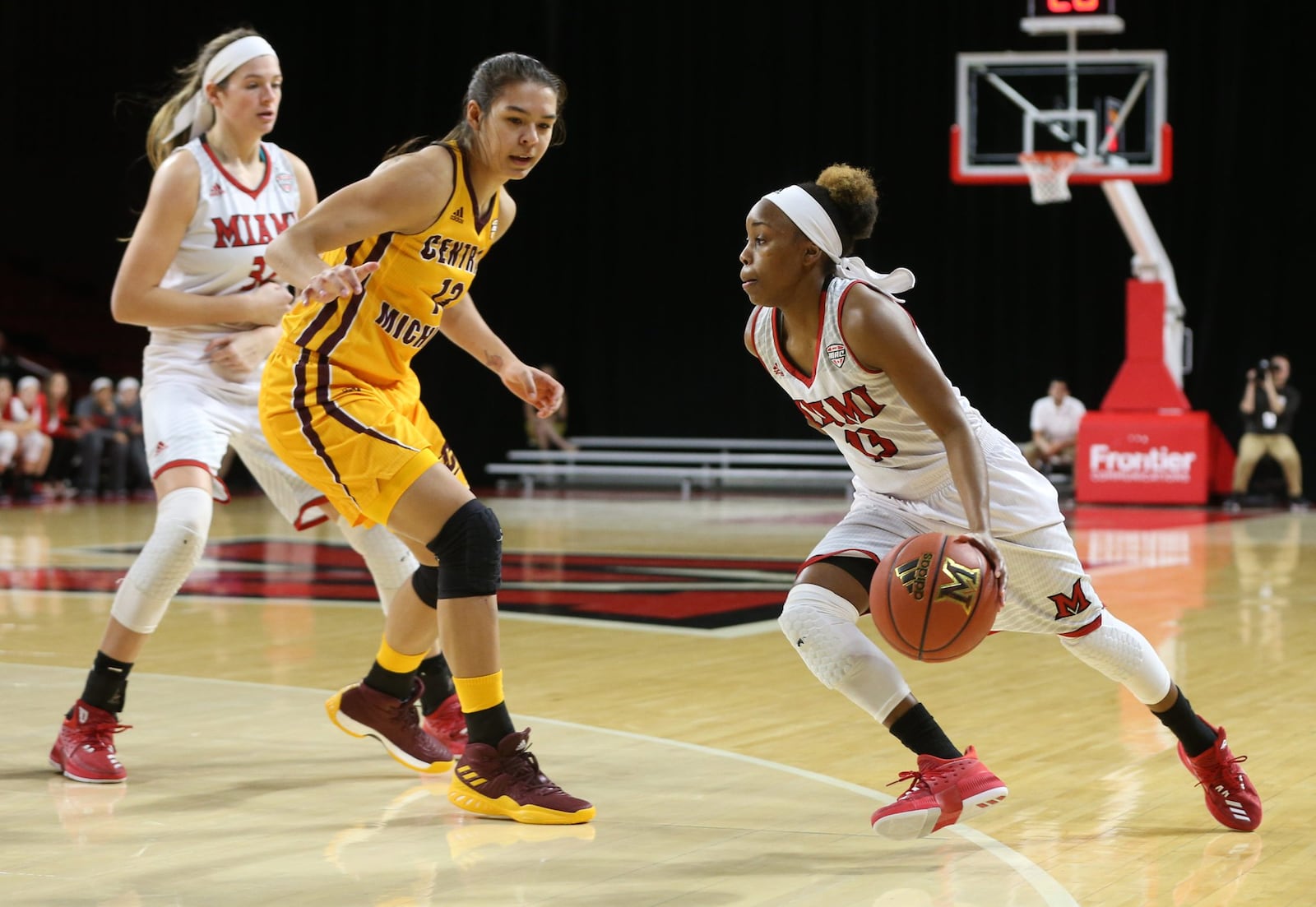 Miami University sophomore guard Lauren Dickerson makes a move during a game against Central Michigan this season at Millett Hall in Oxford. PHOTO COURTESY OF MIAMI UNIVERSITY ATHLETICS