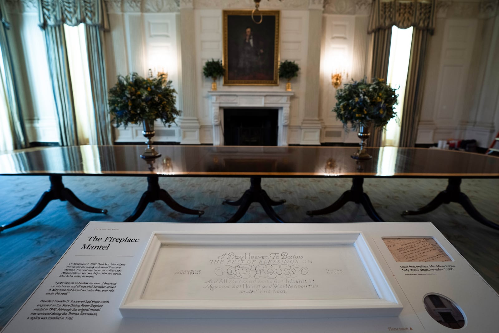 The Fireplace Mantle in the State Dining Room is displayed Friday, Oct. 18, 2024 in Washington in preparation for first lady Jill Biden's unveiling of the updated White House Public Tour on Monday, Oct. 21, 2024. (AP Photo/Manuel Balce Ceneta)