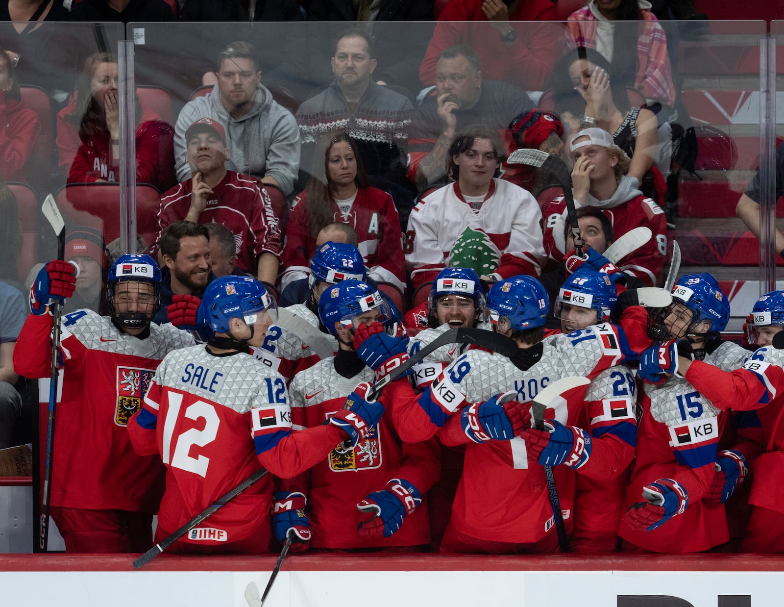 Czech Republic players celebrate on the bench after scoring during the third period of a quarterfinal match at the world junior hockey championship against Canada in Ottawa, Ontario, Thursday, Jan. 2, 2025. (Adrian Wyld/The Canadian Press via AP)