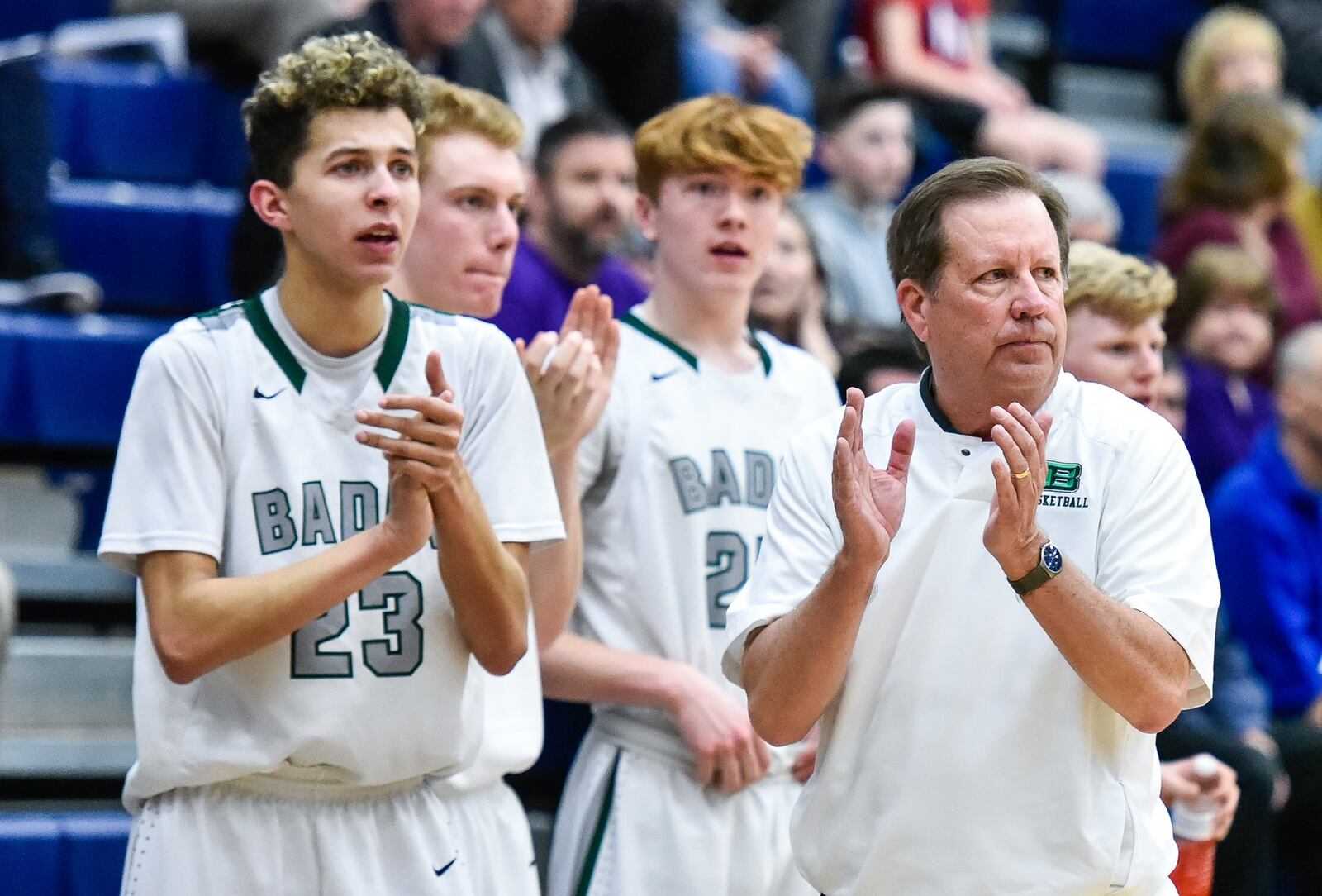 Badin coach Gerry Weisgerber cheers on his team during their Division II sectional semifinal against Alter on Feb. 27, 2018, at Fairmont’s Trent Arena in Kettering. Alter won 60-51. NICK GRAHAM/STAFF