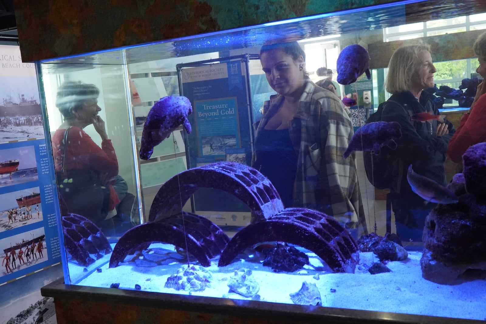 Miniature manatee replicas float in a fish tank at Manatee Lagoon, a free attraction operated by Florida Power & Light Company that lets the public view and learn about the sea cows who gather in winter in the warm-water outflows of the company's power plant, in Riviera Beach, Fla., Friday, Jan. 10, 2025. (AP Photo/Rebecca Blackwell)