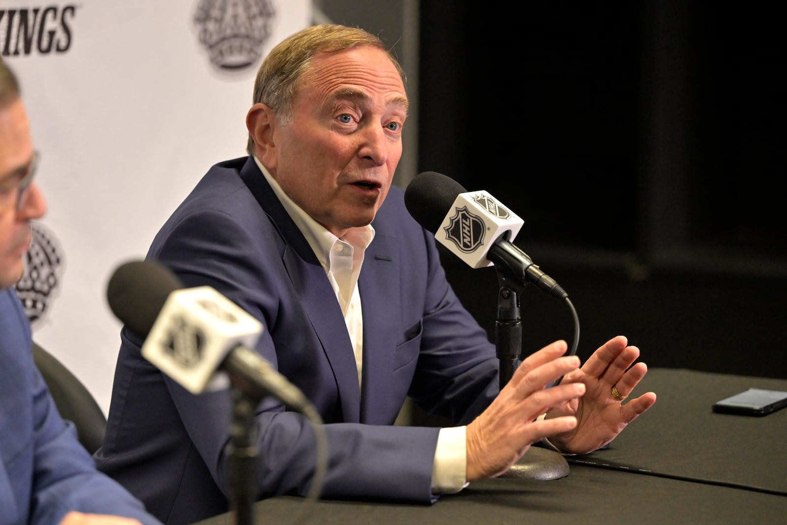 NHL commissioner Gary Bettman addresses a media conference prior to the NHL game hockey game between the Los Angeles Kings and the Utah Hockey Club, Saturday, Feb. 22, 2025, in Los Angeles. (AP Photo/Jayne-Kamin-Oncea)