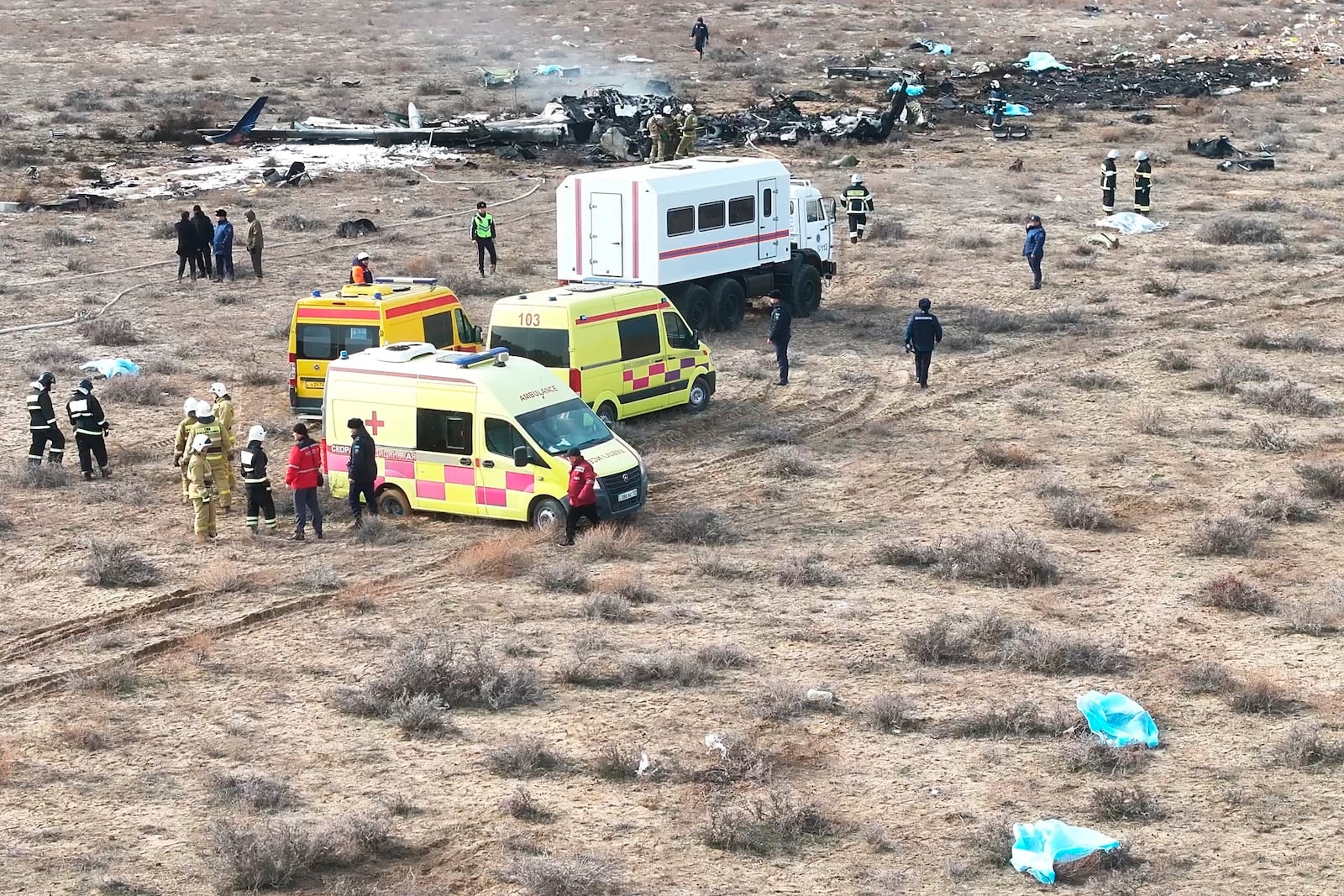 The wreckage of Azerbaijan Airlines Embraer 190 lays on the ground near the airport of Aktau, Kazakhstan, Wednesday, Dec. 25, 2024. (AP Photo)