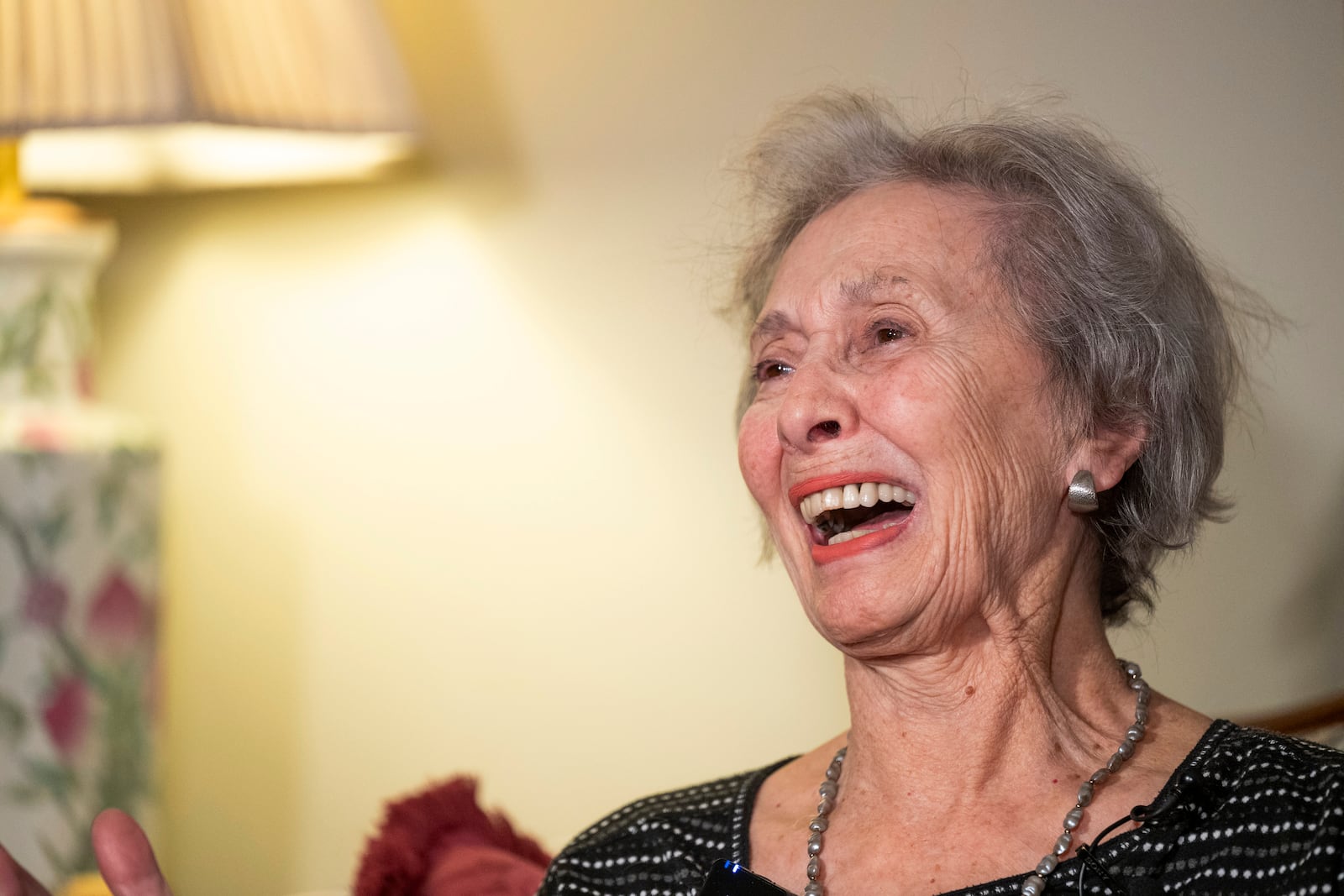 Malphine Fogel, 95, talks with Sasha Phillips, not pictured, Counsel with Dentons Cohen & Grigsby, during a press conference on her son, Marc Fogel, who was a Russian detainee for three and a half years and is now on his way home Tuesday, Feb. 11, 2025, in Butler, Pa. (Benjamin B. Braun/Pittsburgh Post-Gazette via AP)