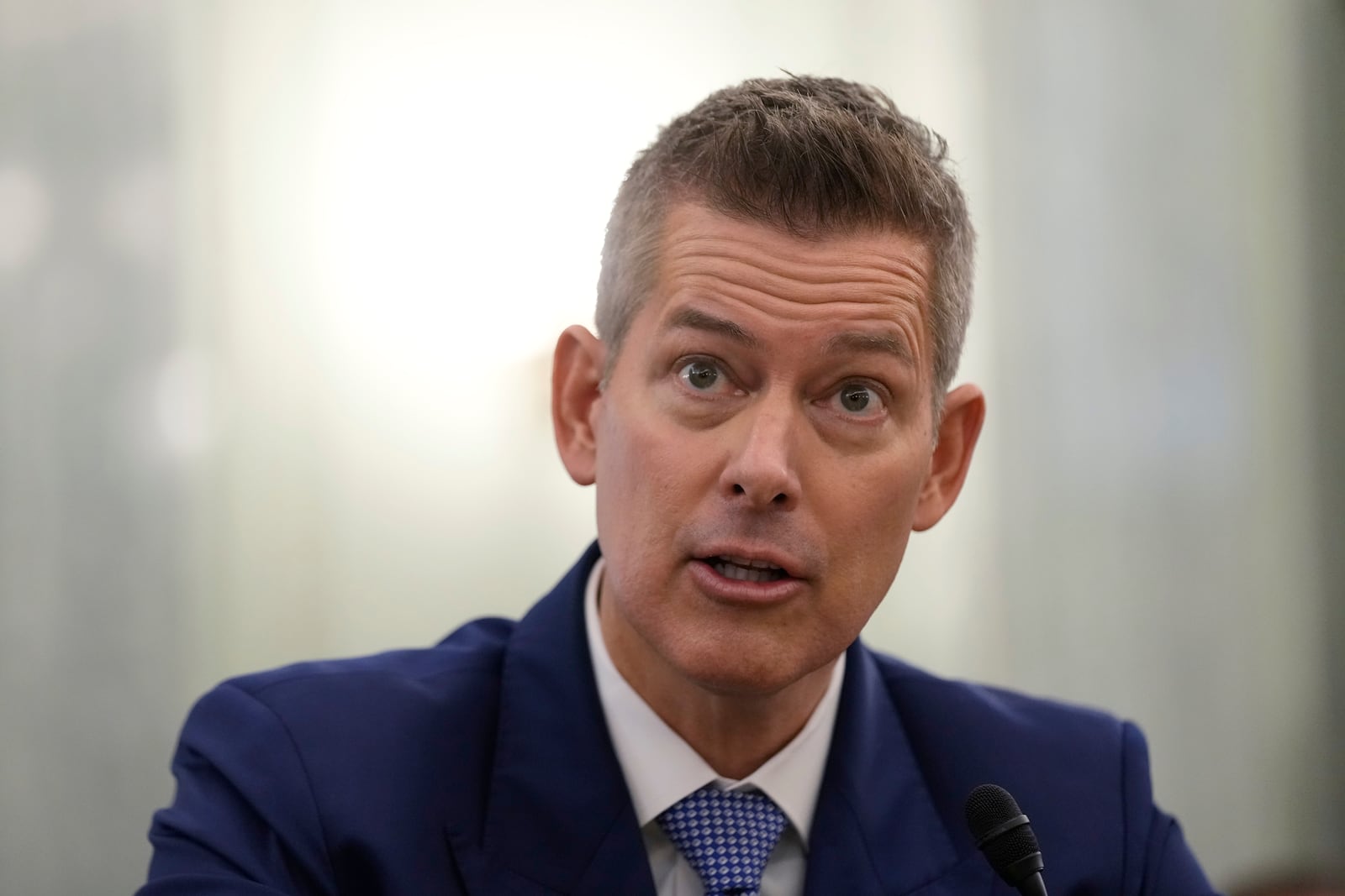 Former Wisconsin Rep. Sean Duffy, R-Wis., testifies before the Senate Commerce, Science, and Transportation Committee on Capitol Hill in Washington, Wednesday, Jan. 15, 2025, for his nomination to be Transportation Secretary. (AP Photo/Susan Walsh)