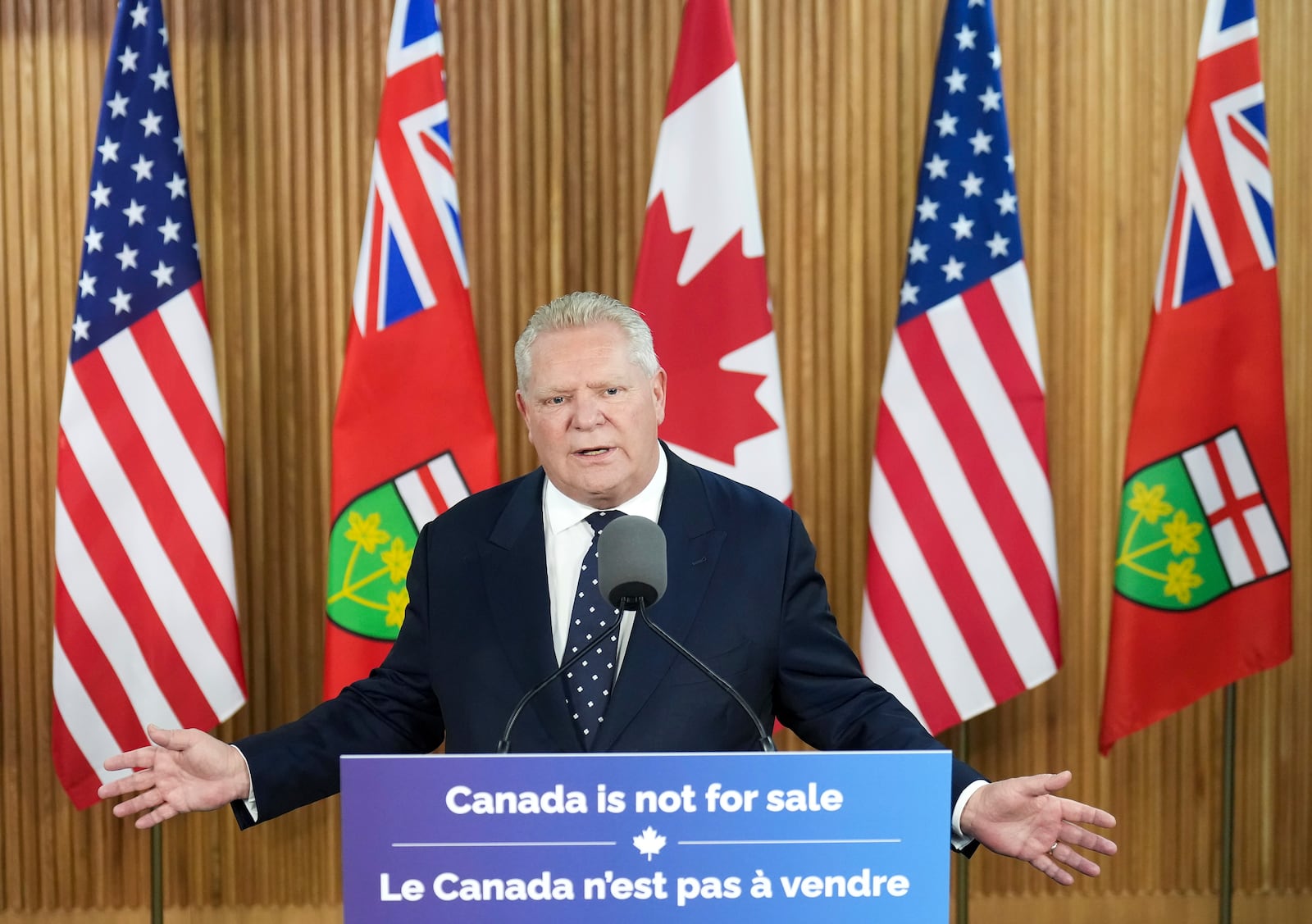 Ontario Premier Doug Ford holds a news conference regarding the new tariffs that the United States has placed on Canada, at Queen's Park in Toronto on Tuesday, March 4, 2025. (Nathan Denette/The Canadian Press via AP)