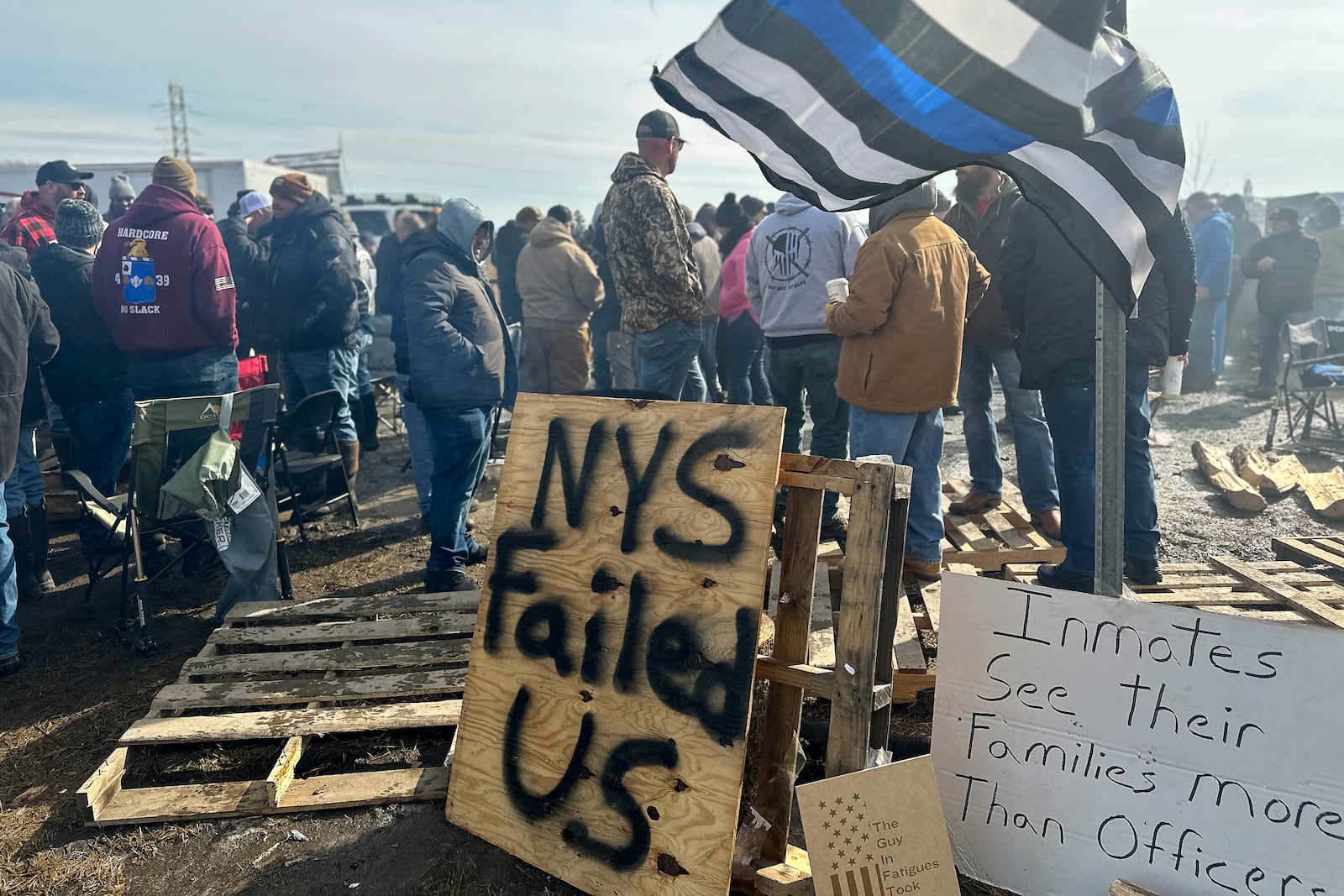 Correctional officers and their supporters demonstrate in sight of Coxsackie Correctional Facility in the Hudson Valley., Monday, Feb. 24, 2025, in Coxsackie, N.Y. (AP Photo/Michael Hill)