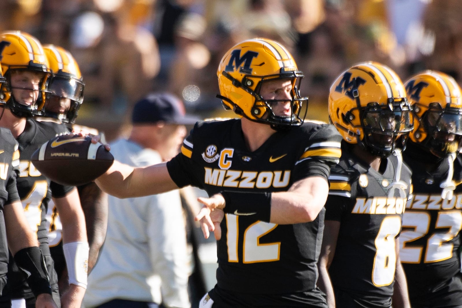 Missouri quarterback Brady Cook warms up before an NCAA college football game against Auburn Saturday, Oct. 19, 2024, in Columbia, Mo. (AP Photo/L.G. Patterson)