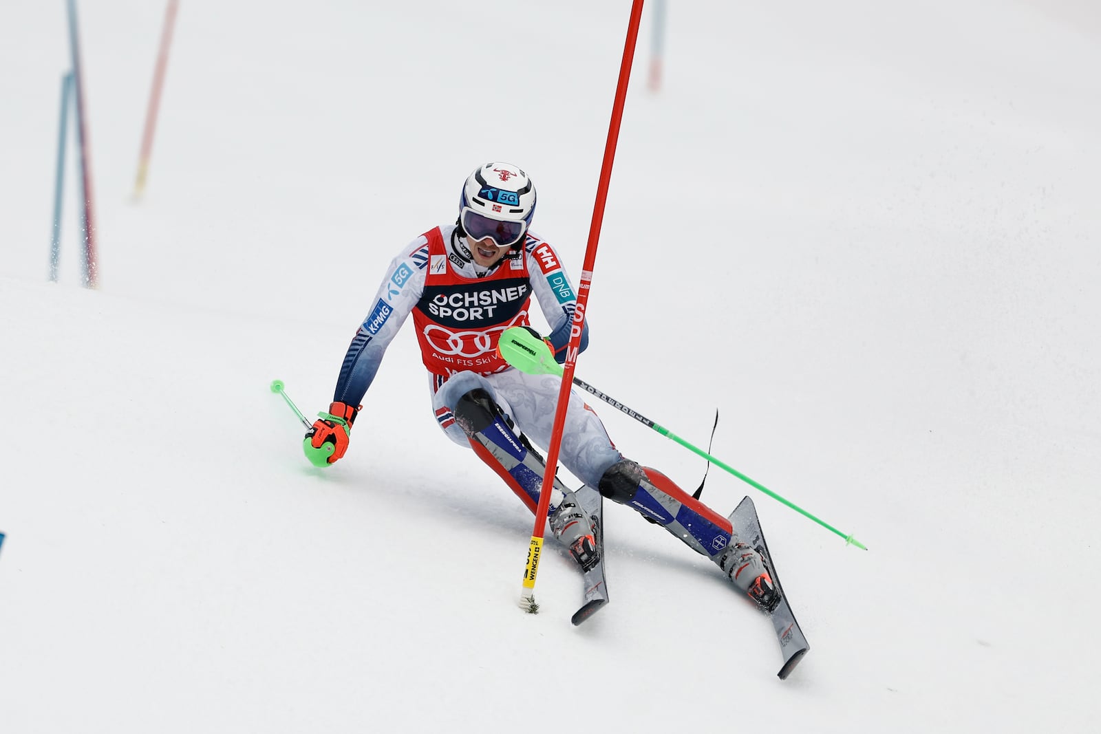 Norway's Henrik Kristoffersen competes in an alpine ski, men's World Cup slalom, in Wengen, Switzerland, Sunday, Jan. 19, 2025. (AP Photo/Gabriele Facciotti)