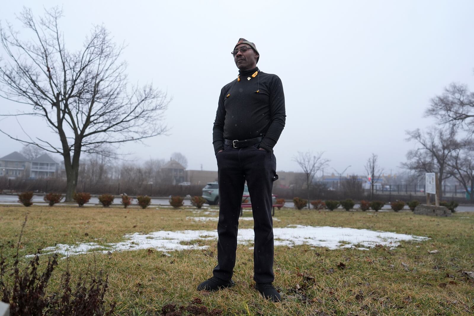 Dwydell Garrett stands in Sarah Sims Garrett Memorial Park, Friday, Jan. 31, 2025, in Hamtramck, Mich. (AP Photo/Paul Sancya)