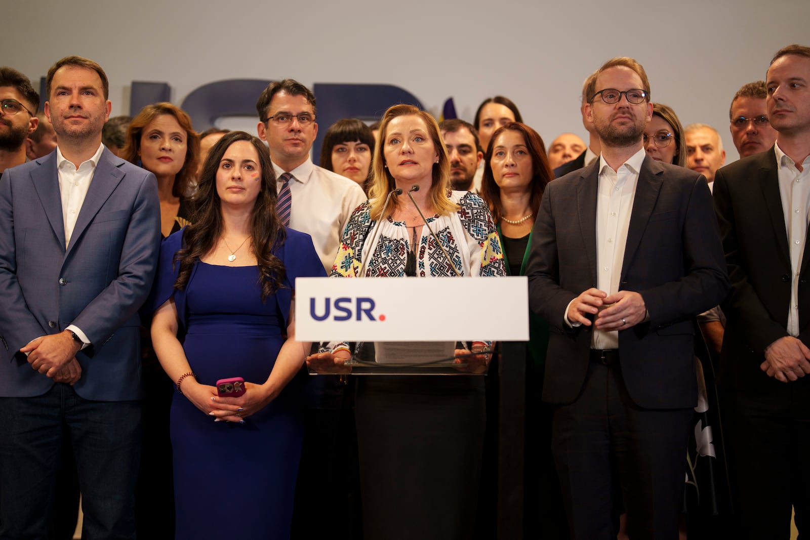 Elena Lasconi, runner up in the presidential runoff, representing the Save Romania Union, or USR, speaks after exit polls were published in the country's parliamentary elections, in Bucharest, Romania, Sunday, Dec. 1, 2024. (AP Photo/Vadim Ghirda)