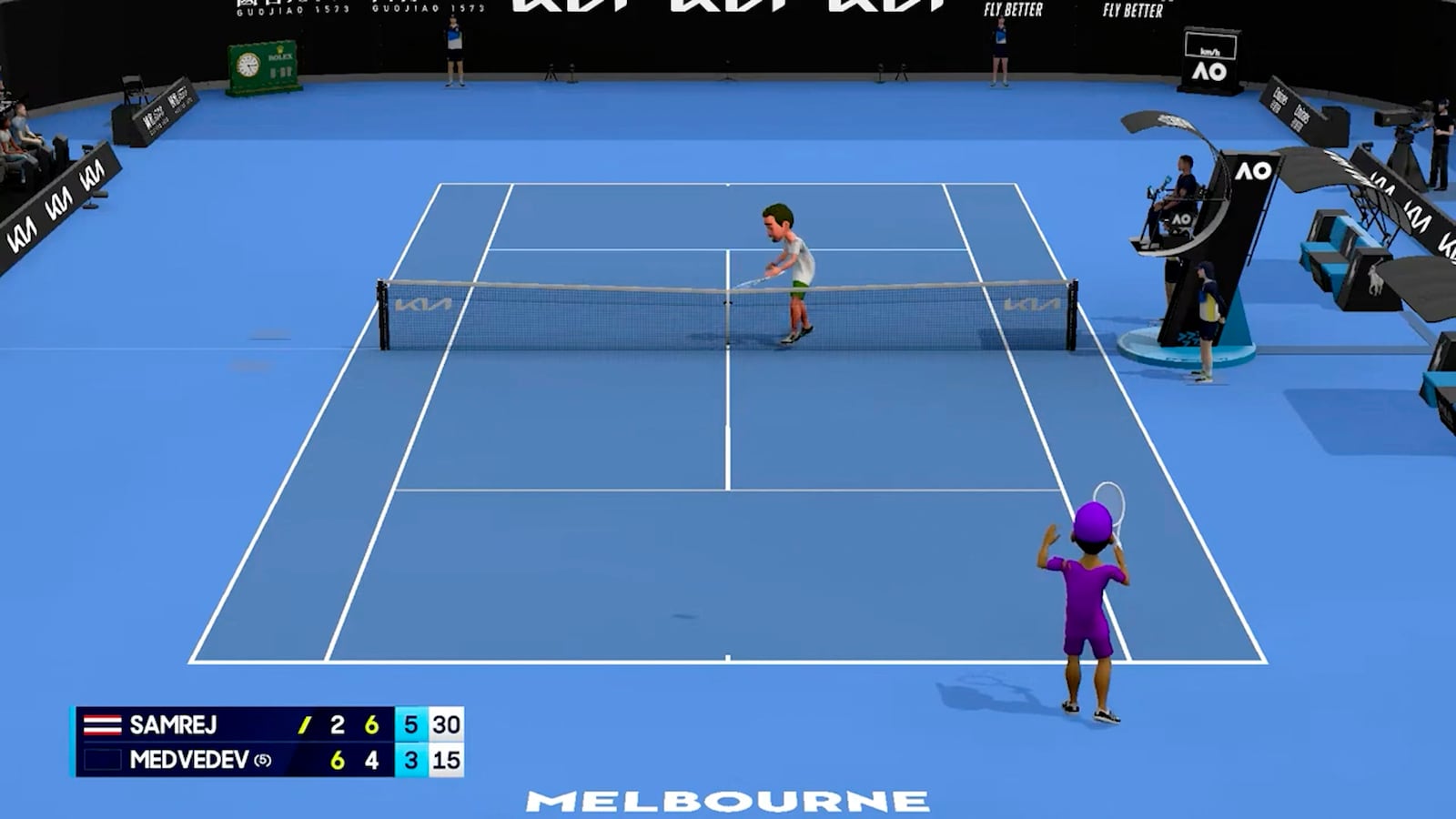 This image made from animation and provided by Tennis Australia shows a first round match between Daniil Medvedev of Russia and Kasidit Samrej of Thailand in an animation form at the Australian Open tennis championship in Melbourne, Australia, Tuesday, Jan. 14, 2025. (Tennis Australia via AP)