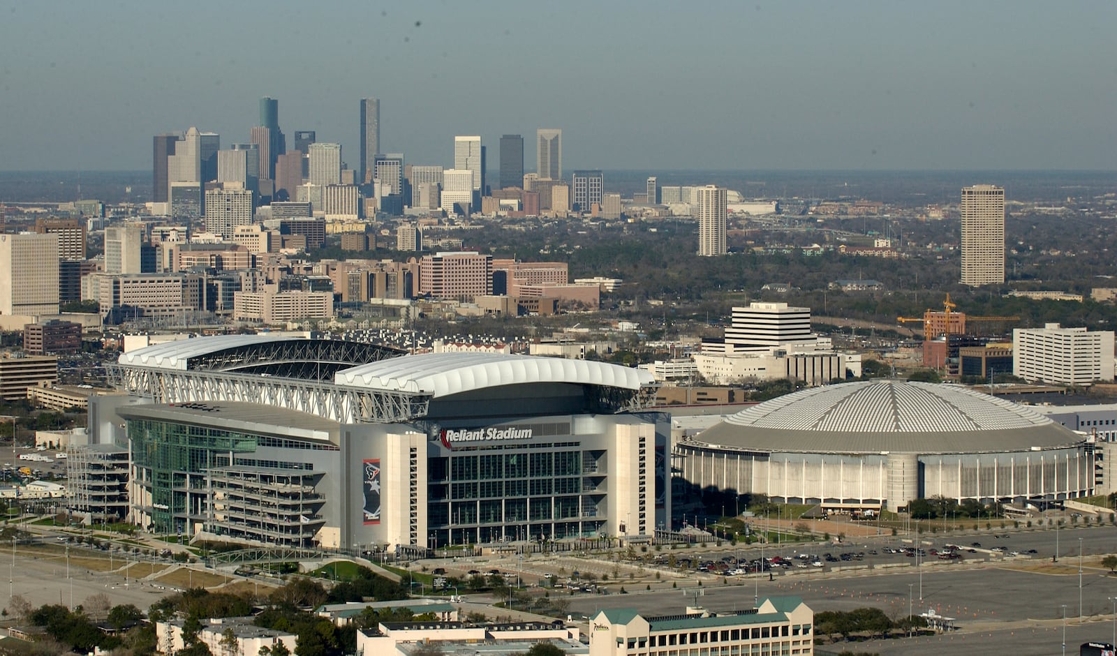 FILE - The Reliant Park/Astrodome/Reliant Stadium complex as seen from the air, Jan. 19, 2004, in Houston. (Karl Stolleis/Houston Chronicle via AP, File)