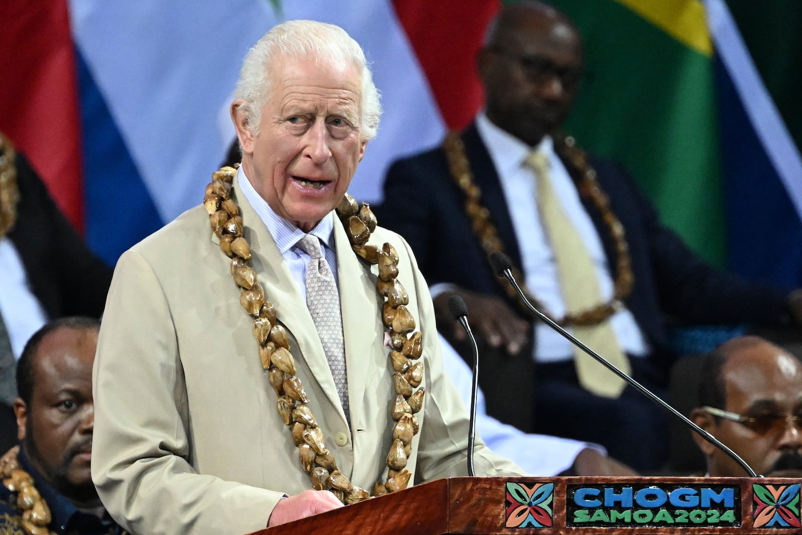 Britain's King Charles III delivers a speech during the opening ceremony for the Commonwealth Heads of Government Meeting (CHOGM) in Apia, Samoa, on Friday, Oct. 25, 2024. (AP Photo/William West, Pool)