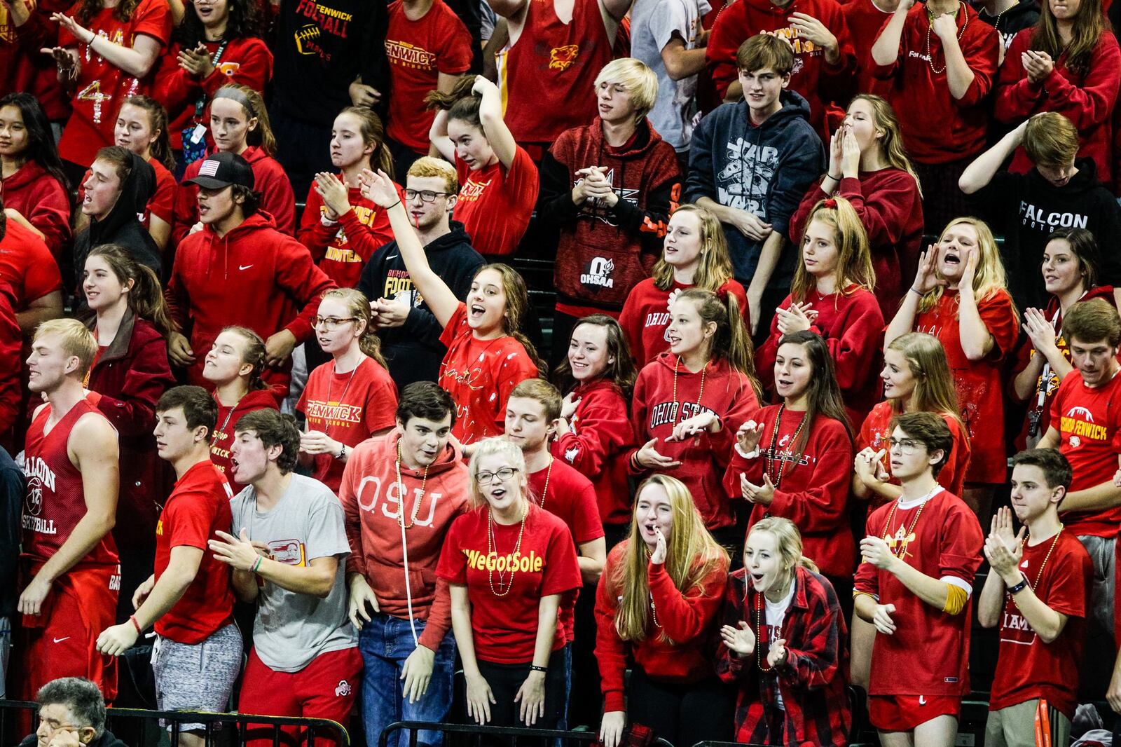 Fenwick’s fans cheer for their team during Friday’s Division II state volleyball semifinal against Parma Heights Holy Name at Wright State University’s Nutter Center. NICK GRAHAM/STAFF