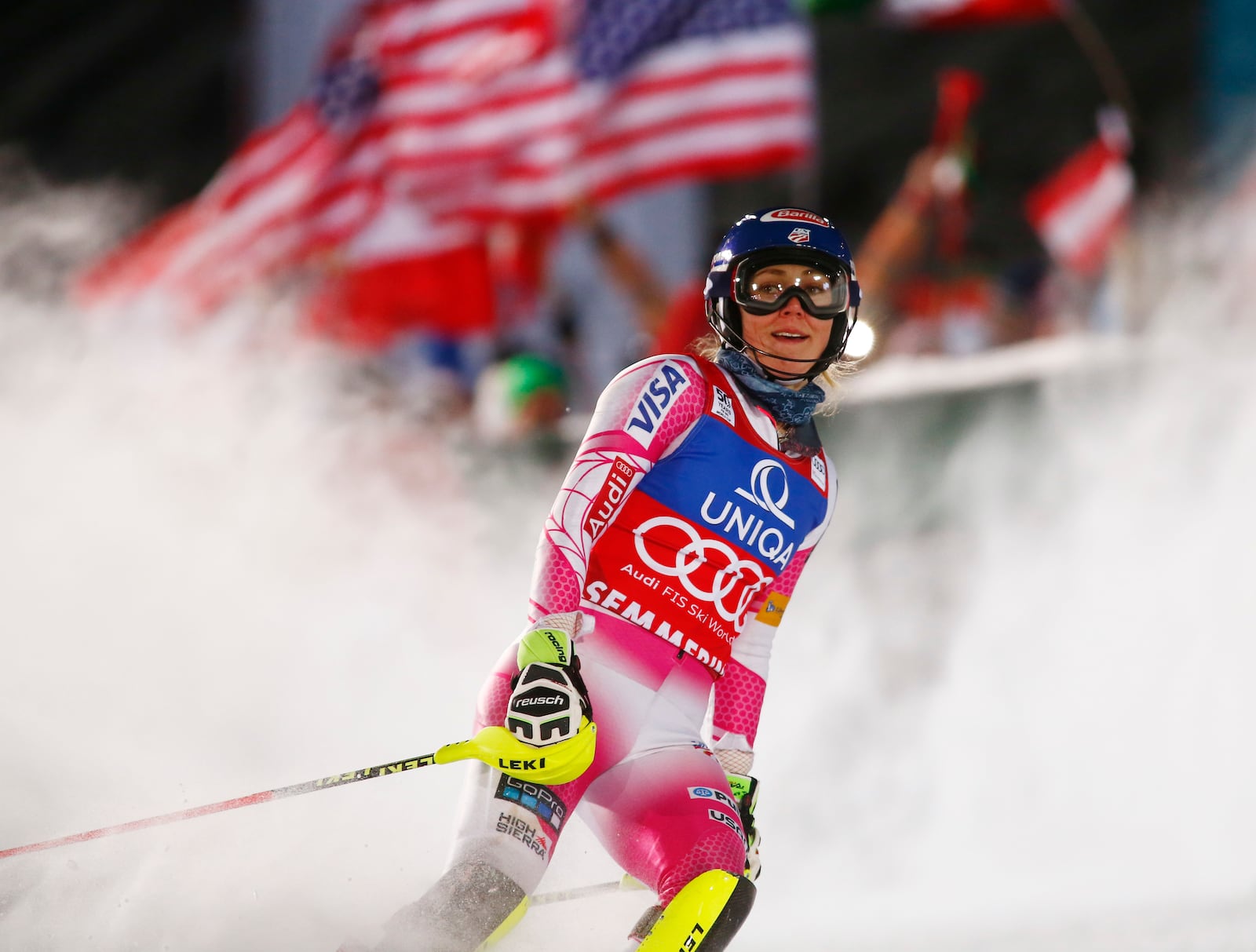 FILE - Mikaela Shiffrin reacts at the finish line after winning an alpine ski, women's World Cup slalom in Semmering, Austria, Thursday, Dec. 29, 2016. (AP Photo/Giovanni Auletta, File)