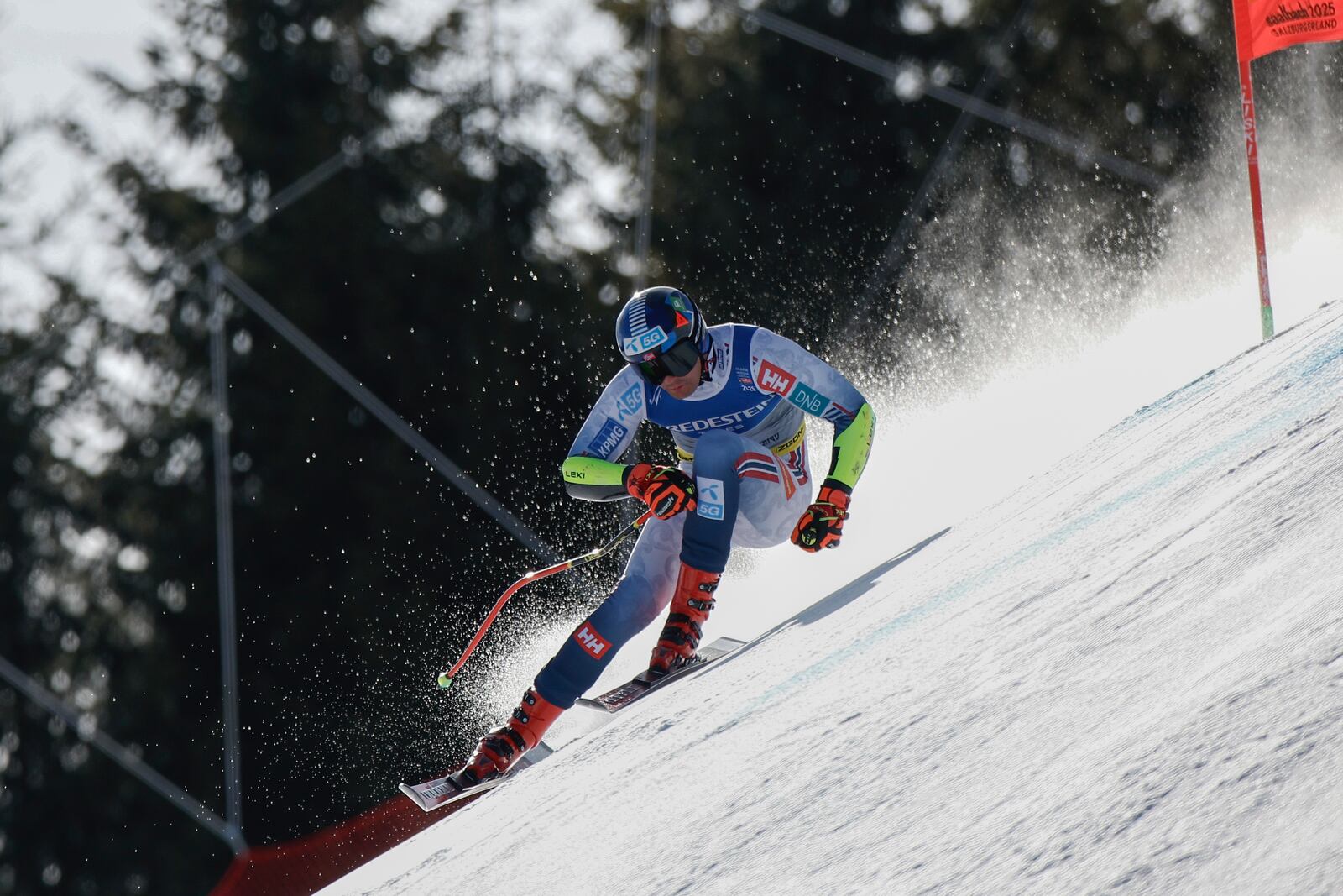 Norway's Adrian Smiseth Sejersted speeds down the course during a men's Super-G, at the Alpine Ski World Championships, in Saalbach-Hinterglemm, Austria, Friday, Feb. 7, 2025. (AP Photo/Gabriele Facciotti)