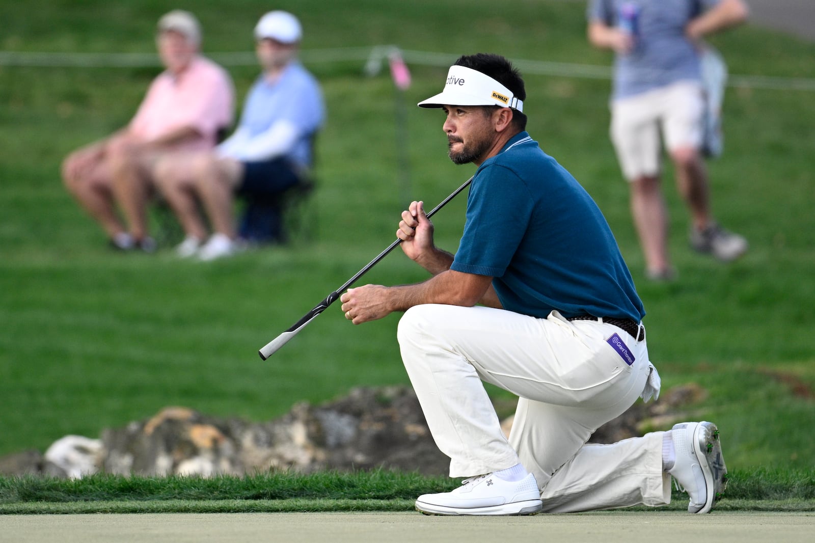 Jason Day, of Australia, reacts after barely missing a putt on the 13th green during the third round of the Arnold Palmer Invitational at Bay Hill golf tournament, Saturday, March 8, 2025, in Orlando, Fla. (AP Photo/Phelan M. Ebenhack)